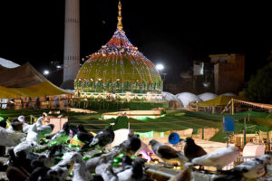 An attractive view of Data Darbar decorated with colorful lights in connection with 981 Urs celebrations of Data Ali Hajveri