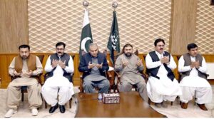 Federal Minister for Interior Mohsin Naqvi in a meeting with Chief Minister Balochistan Sarafraz Ahmad Bugti in CM House.