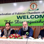 Federal Minister for Commerce Jam Kamal Khan addressing the members of the Federation of Pakistan Chambers of Commerce & Industry along with (FPCCI) Acting President Saquib Fayyaz Magoon during visiting at (FPCCI) head office