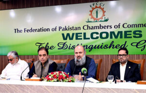 Federal Minister for Commerce Jam Kamal Khan addressing the members of the Federation of Pakistan Chambers of Commerce & Industry along with (FPCCI) Acting President Saquib Fayyaz Magoon during visiting at (FPCCI) head office