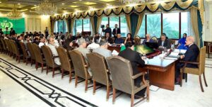 Prime Minister Muhammad Shehbaz Sharif chairing a consultative meeting of Allied Parties regarding deteriorating situation in Palestine.