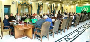 Prime Minister Muhammad Shehbaz Sharif chairing a consultative meeting of Allied Parties regarding deteriorating situation in Palestine.