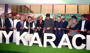 Sindh Chief Minister, Syed Murad Ali Shah speaks at the inaugurate ceremony of "My Karachi - Oasis of Harmony" Exhibition 2024 at the Expo Center.