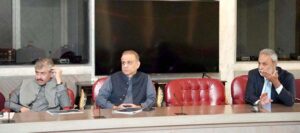 Federal Minister for Communications, Privatization and Board of Investment Abdul Aleem Khan being briefed by Chairman National Highway Authority in the departmental briefing of National Highway Authority.