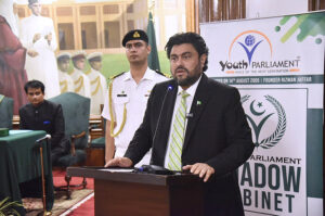 Sindh Governor, Kamran Khan Tessori addresses the event of Youth Parliament at Governor House.