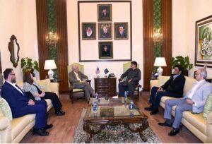 Sindh Chief Minister Syed Murad Ali Shah meets with the outgoing Consul General of America, Mr. Conrad Tribble at CM House. Also present in the photo are Chief Secretary Asif Hyder Shah, Principal Secretary to CM Agha Wasif, American Deputy Consul General Amy Hood and Chief Political Unit Mr. Jerrod Hansen.