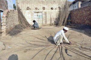 A worker is busy in making wooden baskets at his workplace in the city