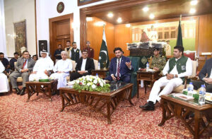 Sindh Governor, Kamran Khan Tessori addresses the participants of a reception in honor of the Olympian Arshad Nadeem at Governor House.