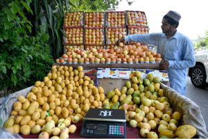 A vendor displays fruits on his roadside setup to attract the customers at F-10 area