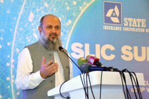 Federal Minister for Commerce Jam Kamal Khan addresses the State Life Insurance Corporation Summit 2024, at a local hotel