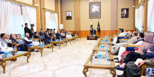 Prime Minister Muhammad Shehbaz Sharif chairs a meeting of leaders of political parties.