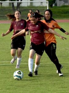Female football players of Highlanders WFC vs Hazara Quetta WFC teams in action during the National Women’s Football Club Championship 2024 Final Round at Sports Complex.