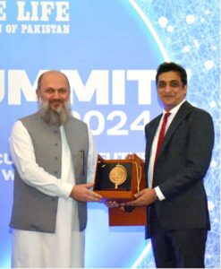 Federal Minister for Commerce Jam Kamal Khan addresses the State Life Insurance Corporation Summit 2024, at a local hotel