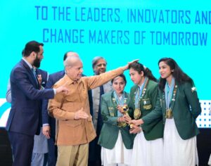 Prime Minister Muhammad Shehbaz Sharif distributes awards among young entrepreneurs and high achievers in various fields at an event organized to celebrate the International Youth Day.