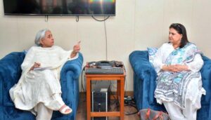 Senator Rubina Khalid, Chairperson of the Benazir Income Support Programme (BISP) call on Minister of Health Sindh Azra Fazal Pechuho at Sindh Secretariat Karachi