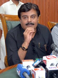 Sindh Education Minister Syed Sardar Ali Shah addressing to press conference at Shehbaz building.