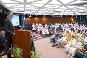 Planning Minister Ahsan Iqbal presenting keynote address during Istehkam-e-Pakistan National Seminar organized by International Islamic University Islamabad at Faisal Mosque Campus.