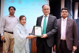 Planning Minister Ahsan Iqbal presenting keynote address during Istehkam-e-Pakistan National Seminar organized by International Islamic University Islamabad at Faisal Mosque Campus.
