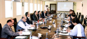 Federal Minister for Finance and Revenue, Senator Muhammad Aurangzeb, in a meeting with a delegation from the Port Qasim Electric Power Company (PQEPC).