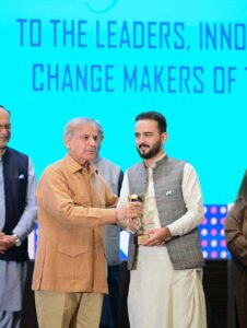 Prime Minister Muhammad Shehbaz Sharif distributes awards among young entrepreneurs and high achievers in various fields at an event organized to celebrate the International Youth Day.