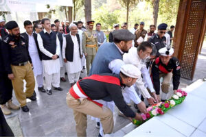 Governor Gilgit-Baltistan Syed Mehdi Shah and Chief Minister Gilgit-Baltistan, Haji Gulbar Khan hoisting flag at Yadgar-e-Shohda to mark the 77th Independence Day of Pakistan