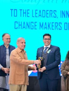 Prime Minister Muhammad Shehbaz Sharif distributes awards among young entrepreneurs and high achievers in various fields at an event organized to celebrate the International Youth Day.