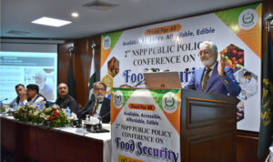 Dr javed Akram (Ex Caretaker Health Minister) addressing the second NSPP National Institute of Public Policy Conference on Food Security (National School of Public Policy).