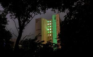 An illuminated view of the ZTBL building in preparation for the upcoming 77th Independence Day in the Federal Capital.
