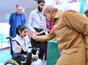 Prime Minister Muhammad Shehbaz Sharif visits various stalls setup by young entrepreneurs at the International Youth Day ceremony.
