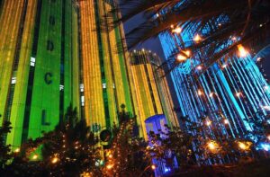 An illuminated view of the OGDCL building decorated with colorful lights in connection with the Independence Day celebration.