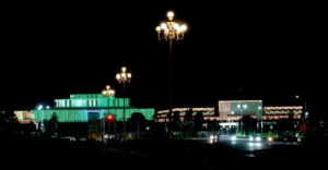 An eye catching view of Presidency and Parliament House building, decorated with colorful lights to commemorate the Independence Day of Pakistan.