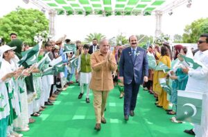 Prime Minister Muhammad Shehbaz Sharif interacts with young students at an event organised to celebrate the International Youth