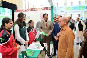Prime Minister Muhammad Shehbaz Sharif visits various stalls setup by young entrepreneurs at the International Youth Day ceremony.