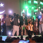Olympic Gold Medalist Arshad Nadeem addressing a public gathering during firework celebration of Independence Day of Pakistan at F-9 Park