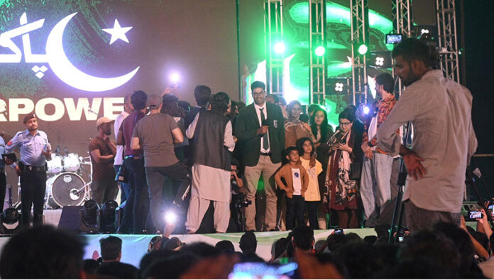 Olympic Gold Medalist Arshad Nadeem addressing a public gathering during firework celebration of Independence Day of Pakistan at F-9 Park