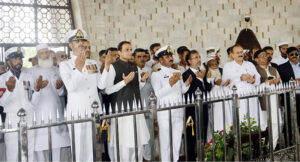 Mayor Karachi, Barrister Murtaza Wahab offers Dua after laying floral wreath on behalf of the people at Mazar e Quaid on the Independence Day of Pakistan