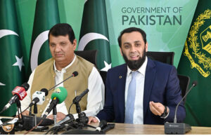 Federal Minister for Information Ataullah Tarar along with Federal Minister for Kashmir Affairs and Saffron, Engineer Amir Maqam addresses important press conference at PTV Headquarters.