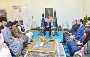 Muhib Ullah Kakar, an excavator driver who saved a family stranded in flash flood in Qilla Abdullah calls on Prime Minister Muhammad Shehbaz Sharif.