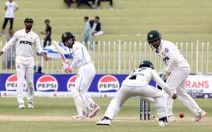 Bangladeshi batsman Mushfiqur Rahim looks on after played shot during the last day of 2nd and last cricket Test match between Pakistan and Bangladesh at Rawalpindi Cricket Stadium.