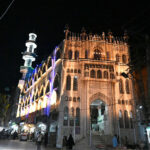 An illuminated view of Jamia Masjid Hirabad decorated with colorful lights in connection with Eid Milad-un-Nabi (SAWW) celebrations