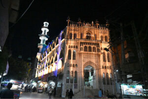 An illuminated view of Jamia Masjid Hirabad decorated with colorful lights in connection with Eid Milad-un-Nabi (SAWW) celebrations