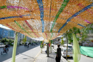 A view of the roadside areas at Shamsabad decorated in the wake of Eid Milad ul Nabi celebrations in the city.