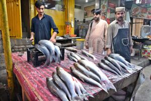 A vendor selling fish to customers outside his shop in a local market