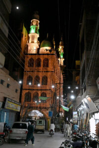 An illuminated view of Jamia Masjid Hirabad decorated with colorful lights in connection with Eid Milad-un-Nabi (SAWW) celebrations