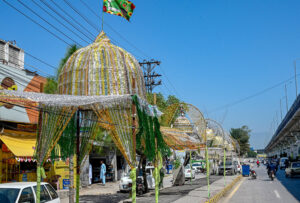 A view of the roadside areas at Shamsabad decorated in the wake of Eid Milad ul Nabi celebrations in the city.