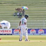 Pakistani bowler Khurram Shahzad celebrates after taking wicket of Shadman Islam during the 3rd day of 2nd Test match between Pakistan and Bangladesh at Rawalpindi Cricket Stadium