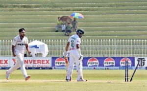 Pakistani bowler Khurram Shahzad celebrates after taking wicket of Shadman Islam during the 3rd day of 2nd Test match between Pakistan and Bangladesh at Rawalpindi Cricket Stadium