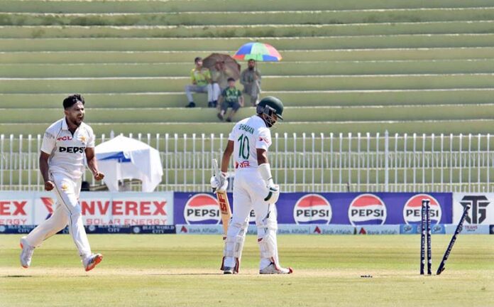 Pakistani bowler Khurram Shahzad celebrates after taking wicket of Shadman Islam during the 3rd day of 2nd Test match between Pakistan and Bangladesh at Rawalpindi Cricket Stadium