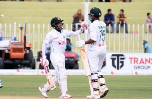 Bangladeshi batsman Mushfiqur Rahim looks on after played shot during the last day of 2nd and last cricket Test match between Pakistan and Bangladesh at Rawalpindi Cricket Stadium.