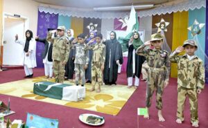 Students showcase their taekwondo skills during a ceremony held in connection with Defense Day at Khubaib Girls School and College.
